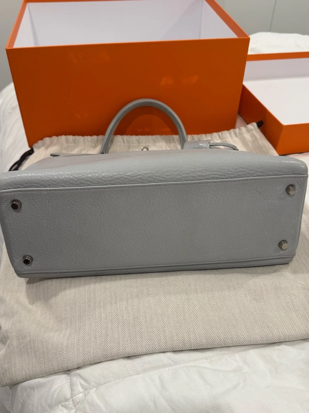 HERMES KELLY 32 Light Gray Top-Handle Leather Bag with PALLADIUM Hardware